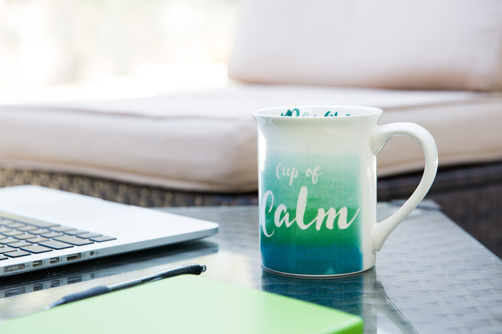 closeup of mug that says cup of calm for branding session